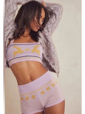 Free People Lift Pass Lavender Knit Top & Short Set with Yellow Details
